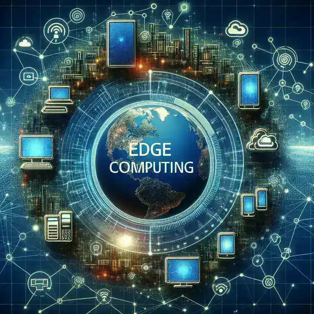 "Computação de Borda em ação: Representação visual de dispositivos inteligentes otimizando eficiência e velocidade através de tecnologia de edge computing."