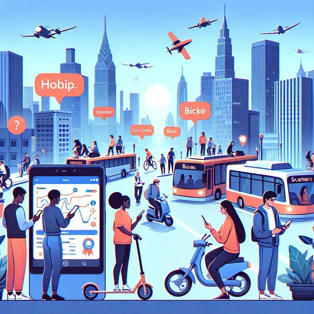 "Startup app de mobilidade urbana com integração em tempo real ao transporte público, exibindo interface de usuário que mostra rotas e horários."